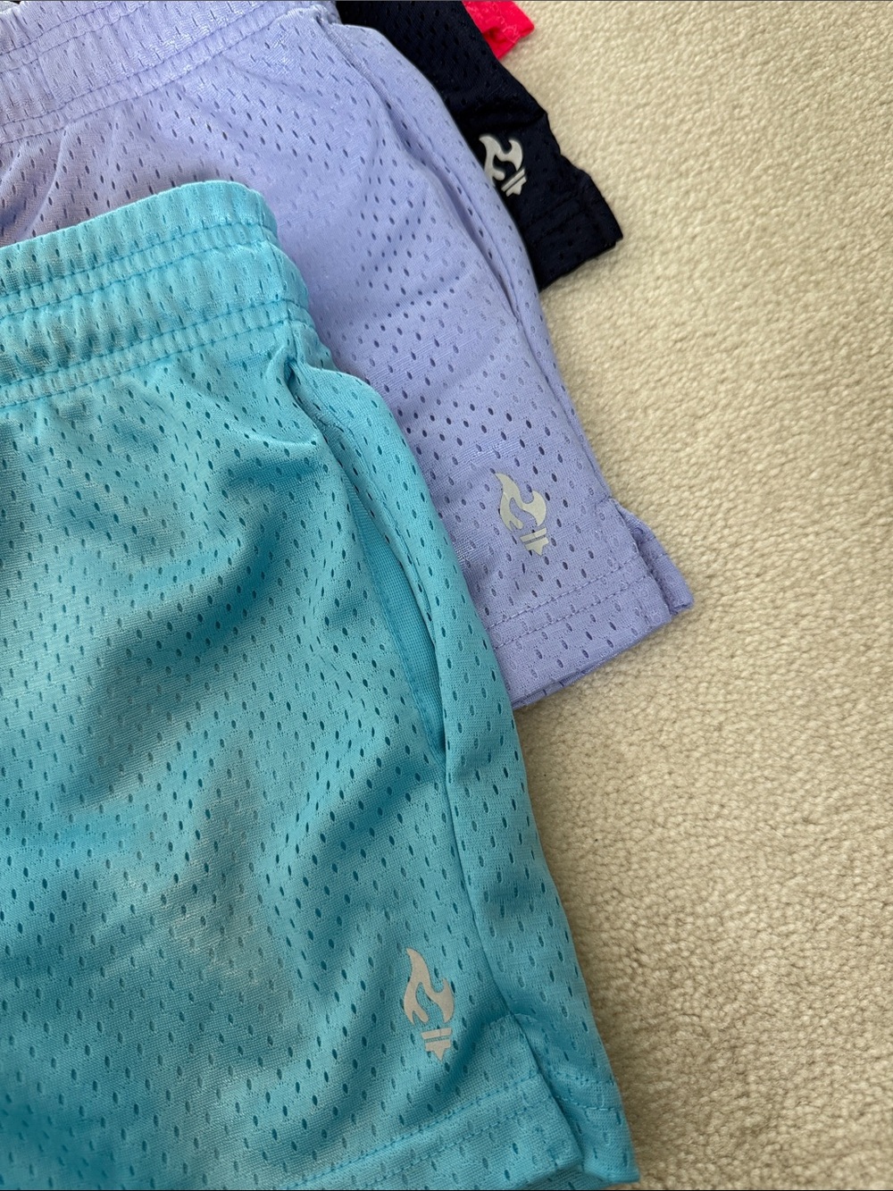 Girls' Athletic Mesh Shorts, bundle of 4 — Light Blue, Lavender, Black, Hot Pink - Picture 2 of 5